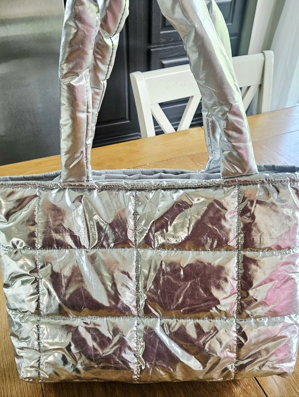Metallic Silver Quilted Tote Bag with Padded Handles